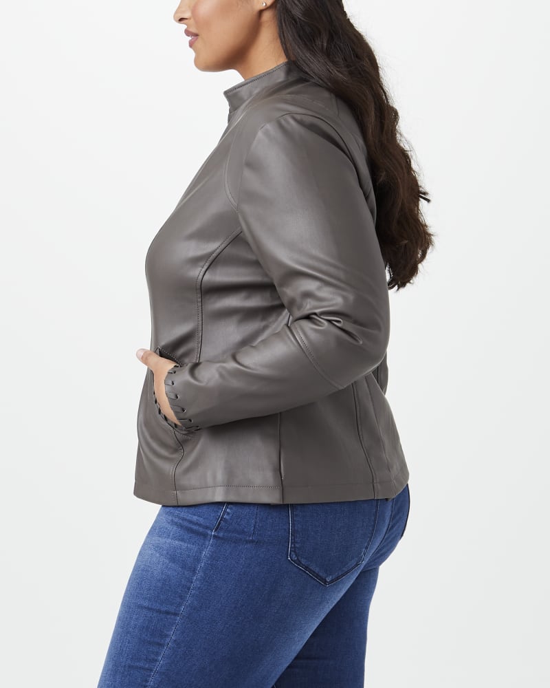 Grey leather jacket plus size on sale